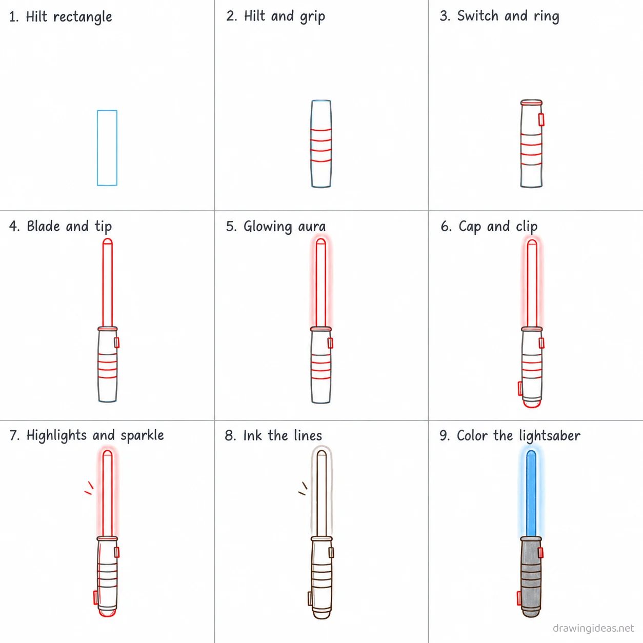 How to draw a lightsaber step by step — 9-step lightsaber drawing tutorial sheet