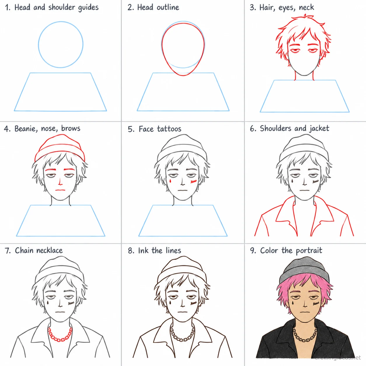 How to draw Lil Peep step by step — 9-step Lil Peep drawing tutorial sheet