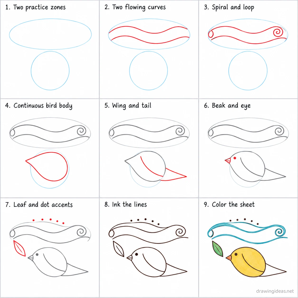 How to draw a line step by step — 9-step line drawing tutorial sheet