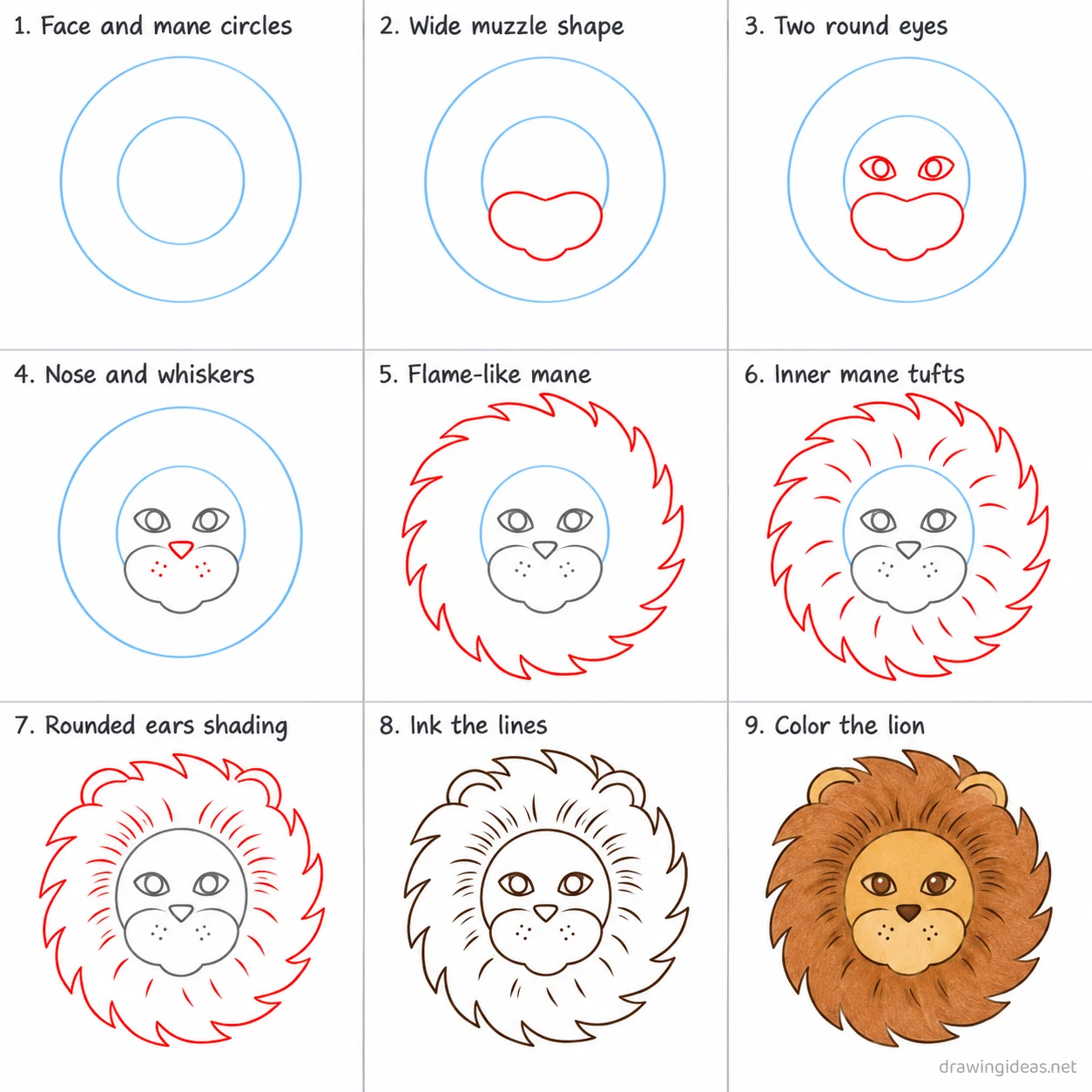 How to draw a lion step by step — 9-step lion drawing tutorial sheet