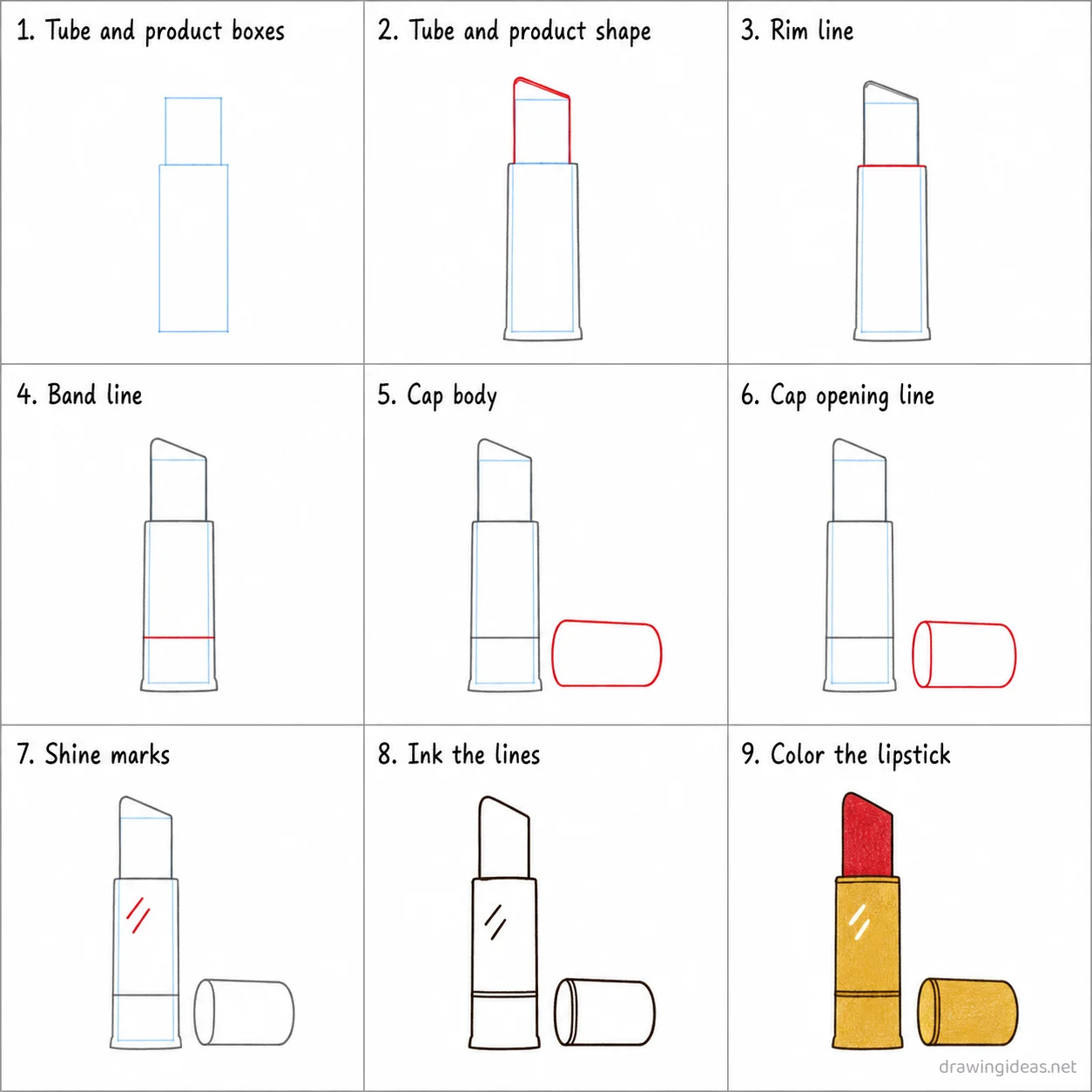 How to draw a lipstick step by step — 9-step lipstick drawing tutorial sheet