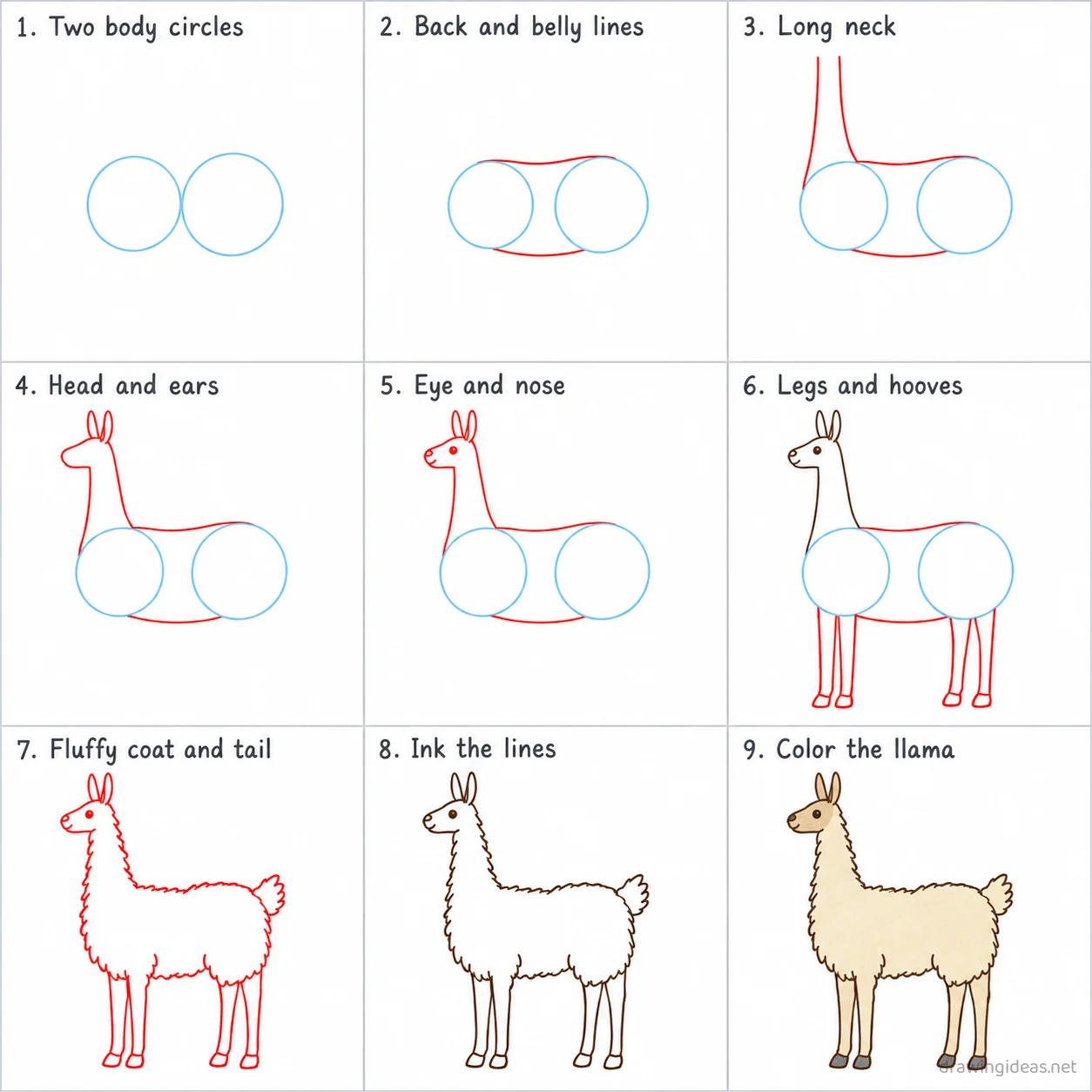 How to draw a llama step by step — 9-step llama drawing tutorial sheet