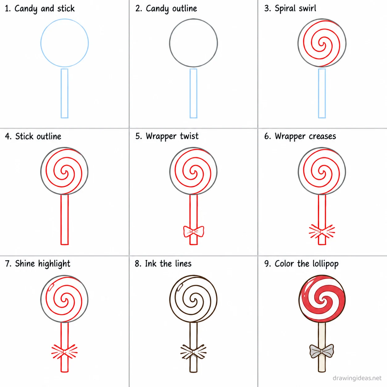 How to draw a lollipop step by step — 9-step lollipop drawing tutorial sheet