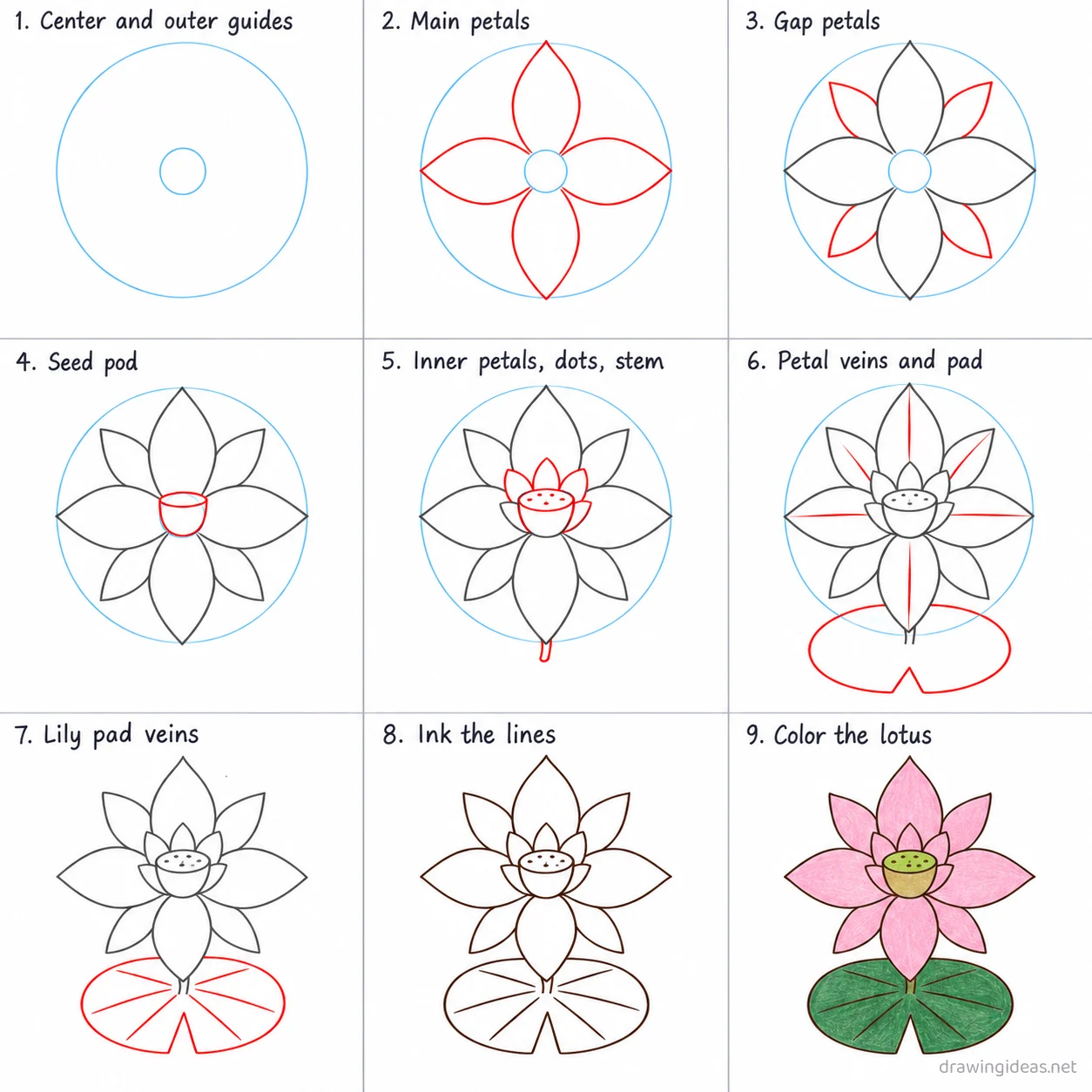 How to draw a lotus step by step — 9-step lotus drawing tutorial sheet