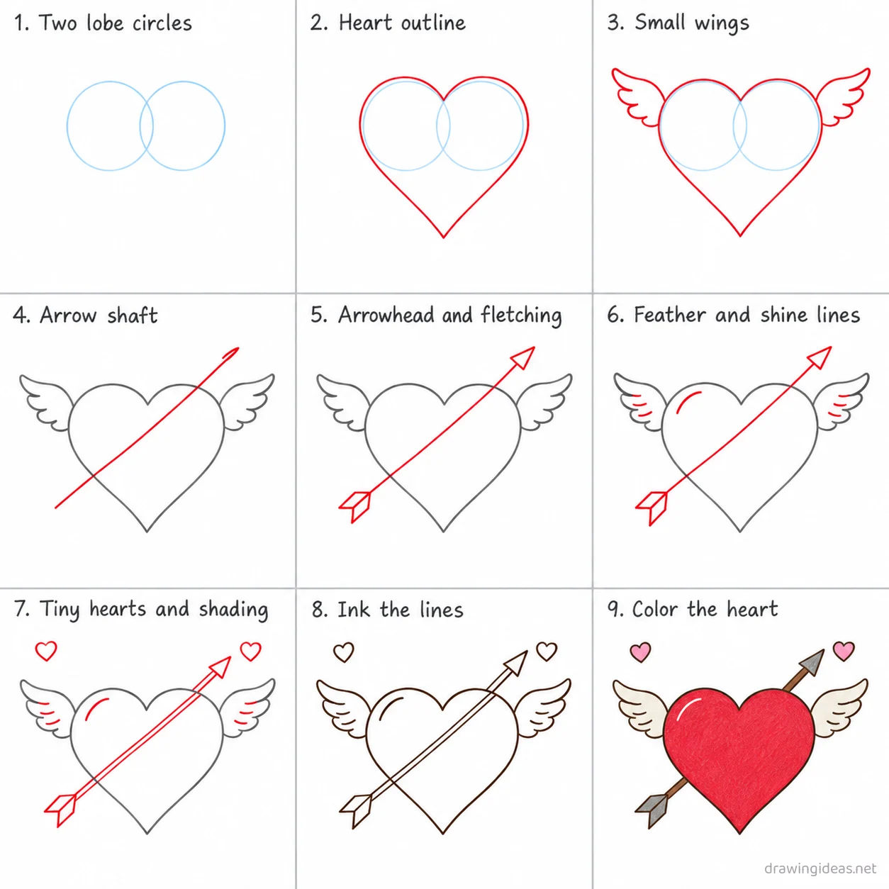 How to draw love step by step — 9-step love drawing tutorial sheet