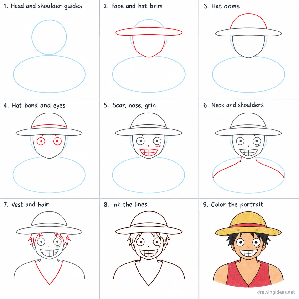 How to draw Luffy step by step — 9-step Luffy drawing tutorial sheet