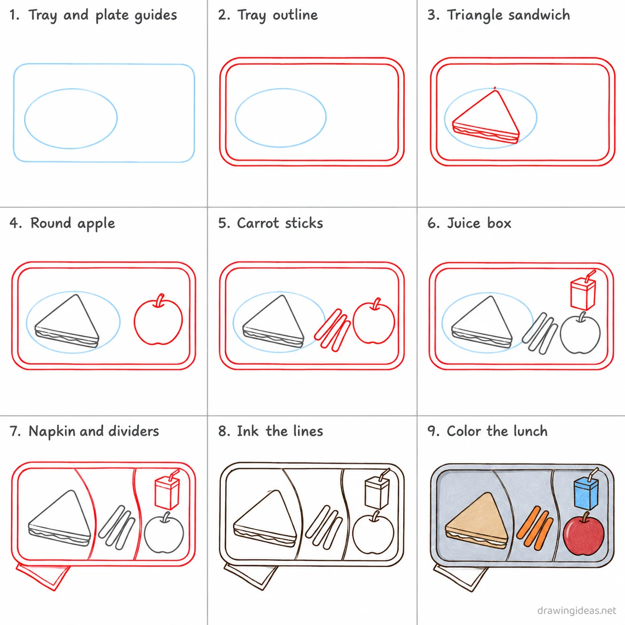 How to draw lunch step by step — 9-step lunch drawing tutorial sheet