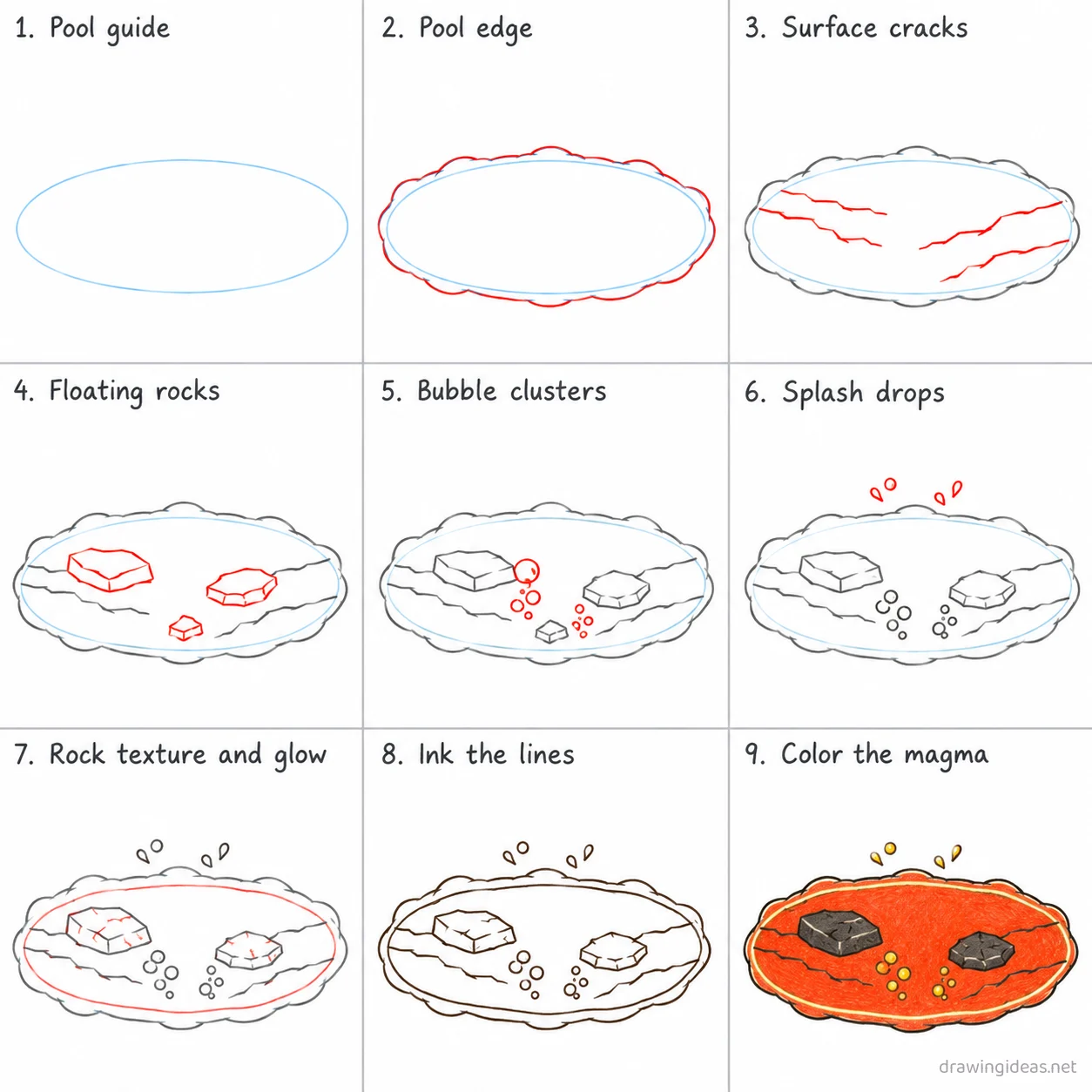 How to draw magma step by step — 9-step magma drawing tutorial sheet