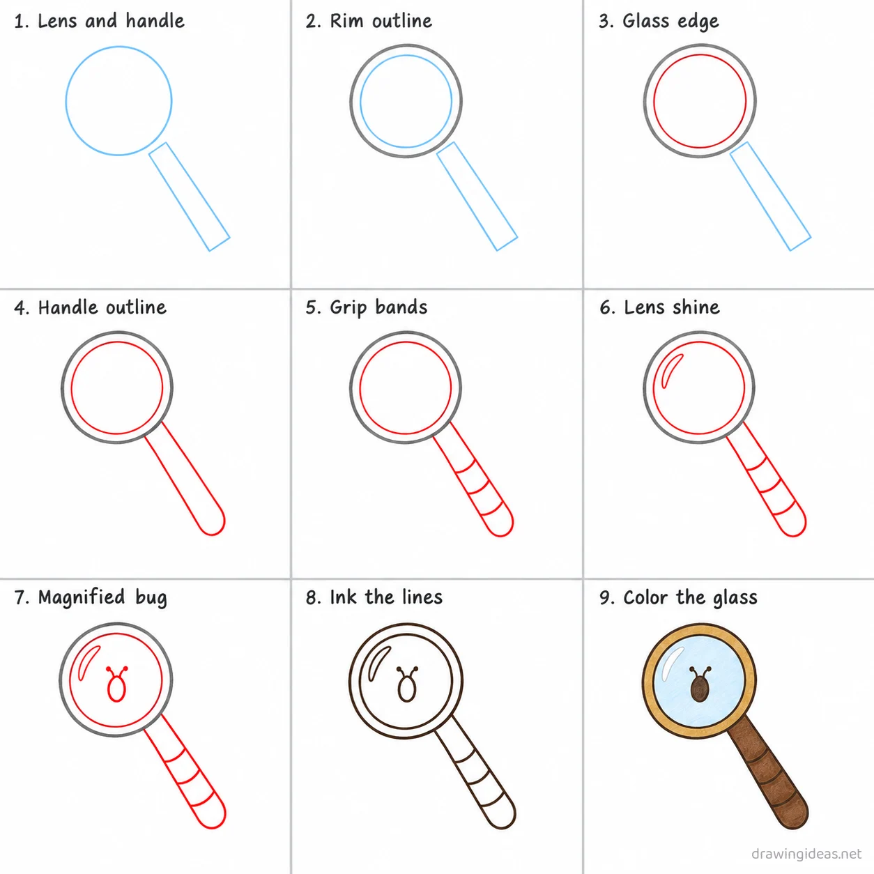 How to draw a magnifying glass step by step — 9-step magnifying glass drawing tutorial sheet