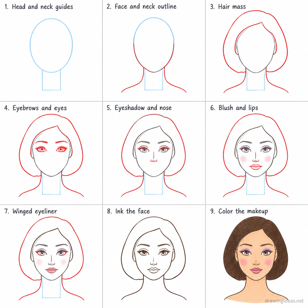 How to draw makeup step by step — 9-step makeup drawing tutorial sheet