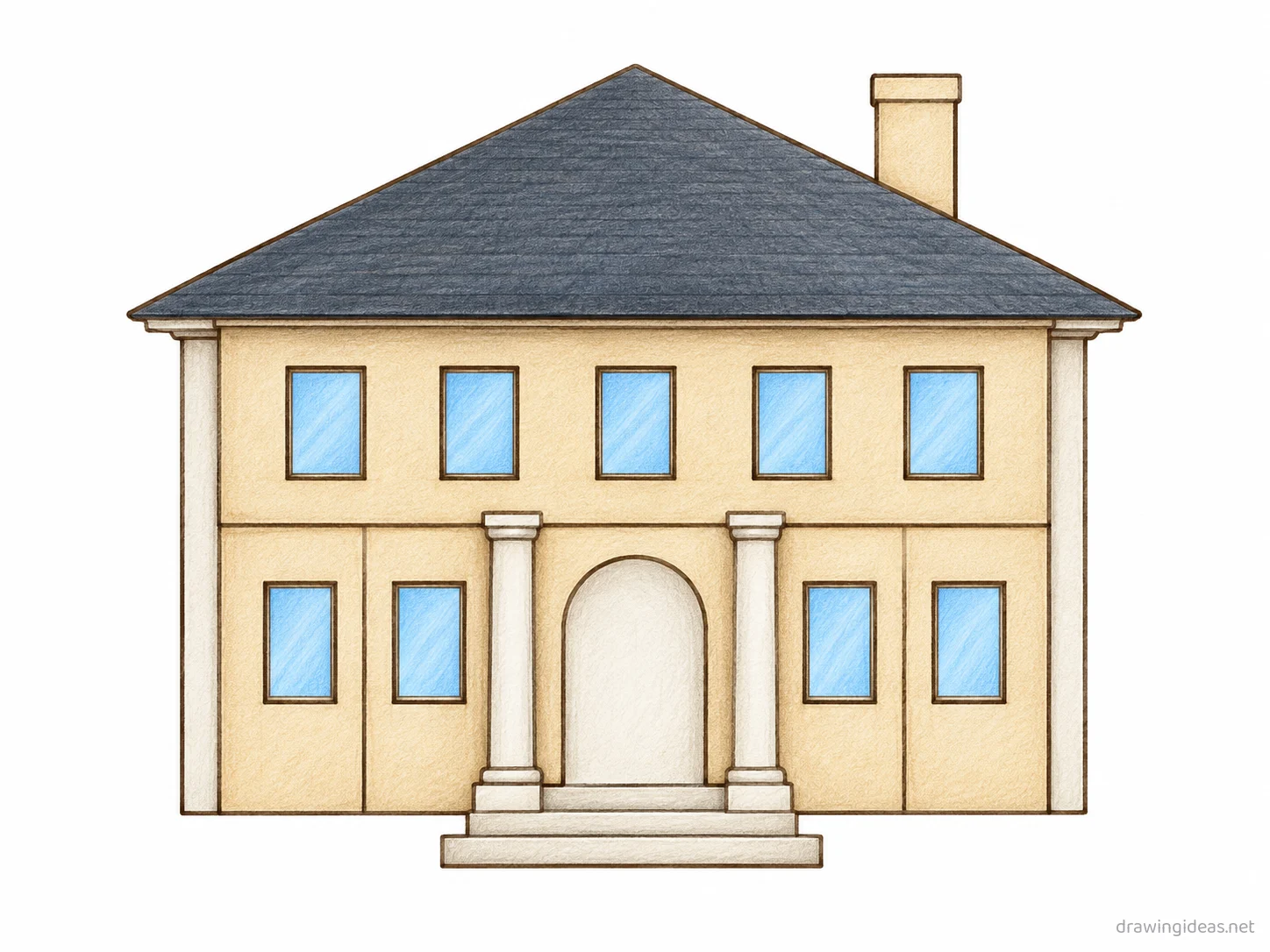Mansion drawing — hand-drawn mansion illustration with ink lines and soft colors