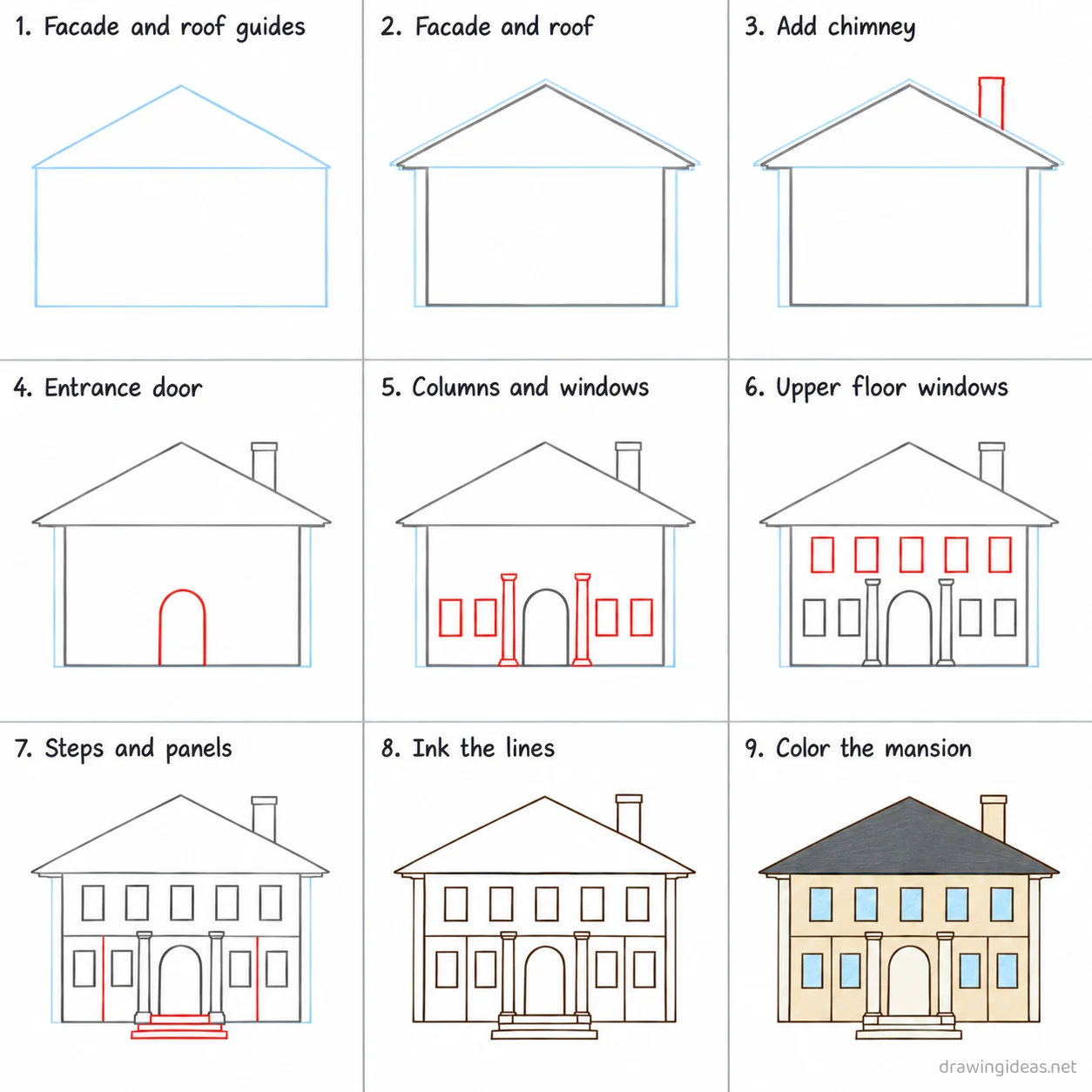 How to draw a mansion step by step — 9-step mansion drawing tutorial sheet