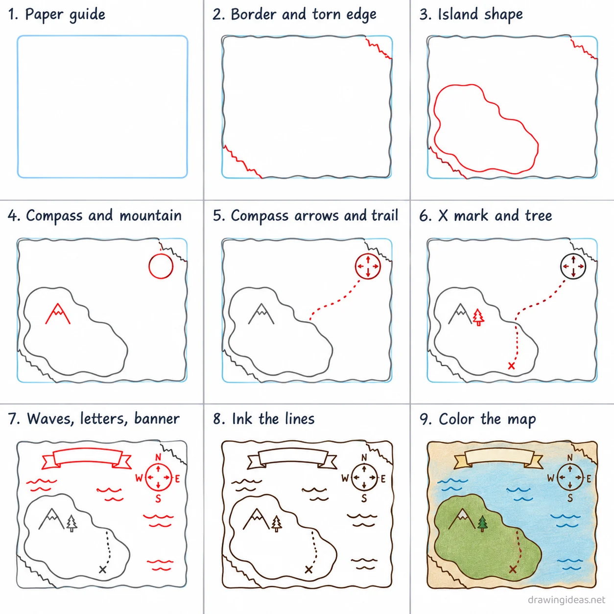 How to draw a map step by step — 9-step map drawing tutorial sheet