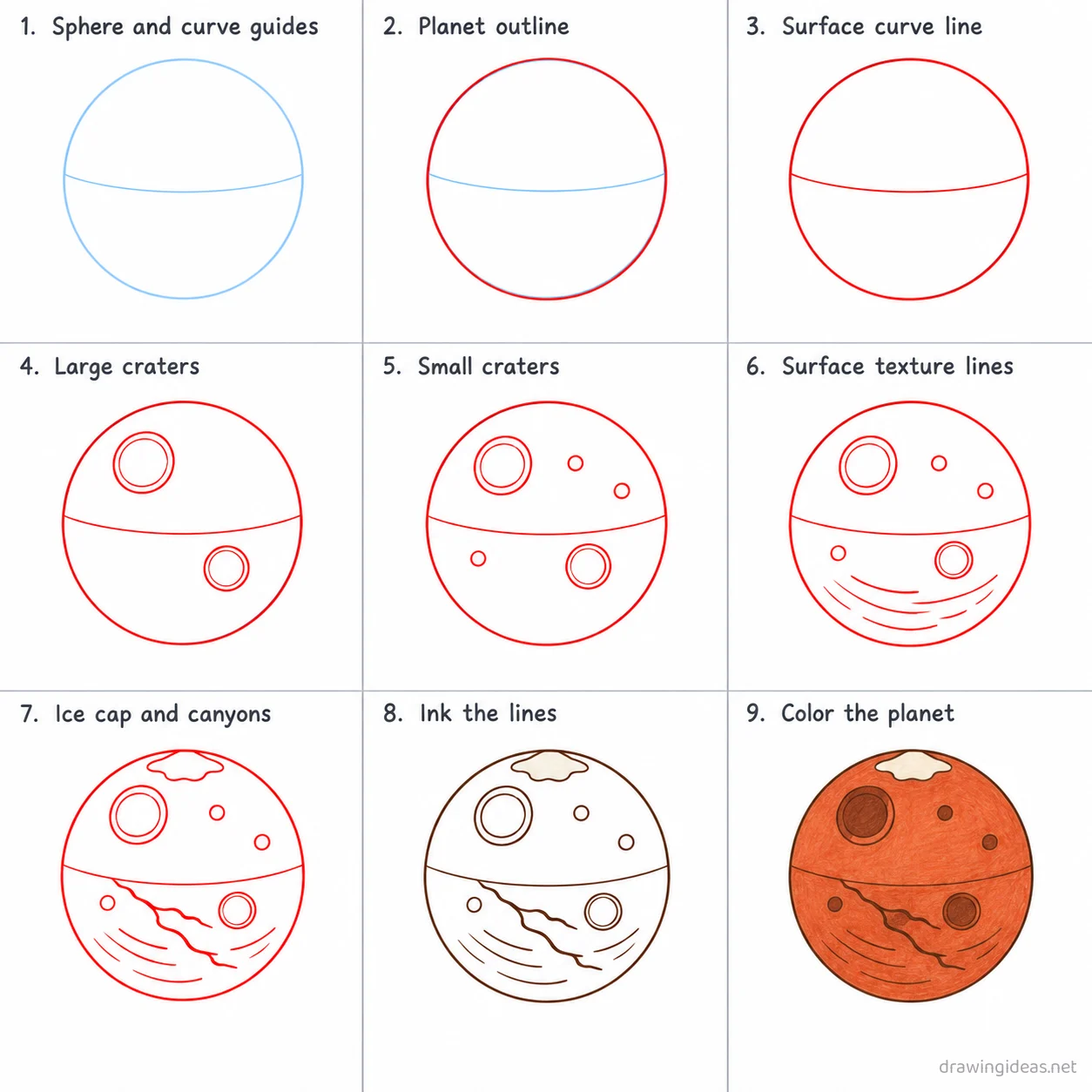 How to draw a mars step by step — 9-step mars drawing tutorial sheet