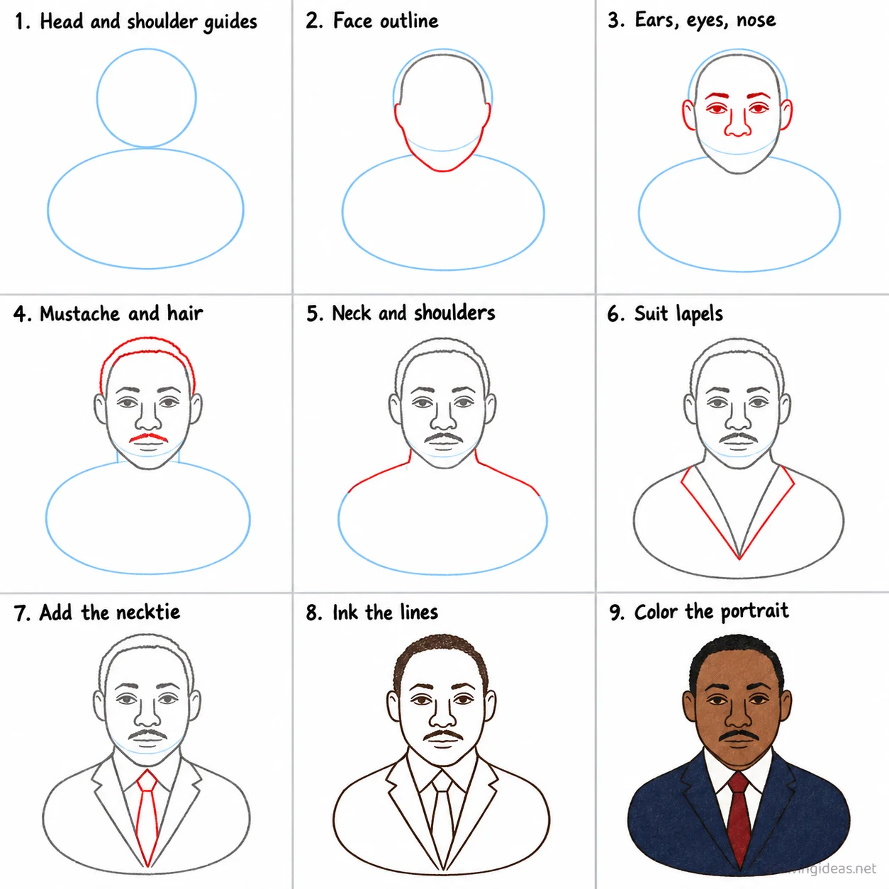 How to draw Martin Luther King step by step — 9-step Martin Luther King drawing tutorial sheet