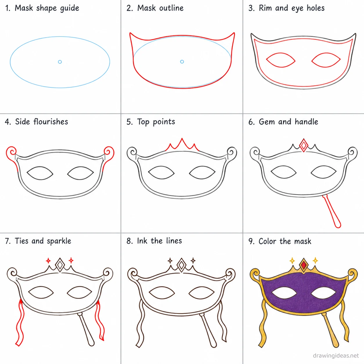 How to draw a mask step by step — 9-step mask drawing tutorial sheet