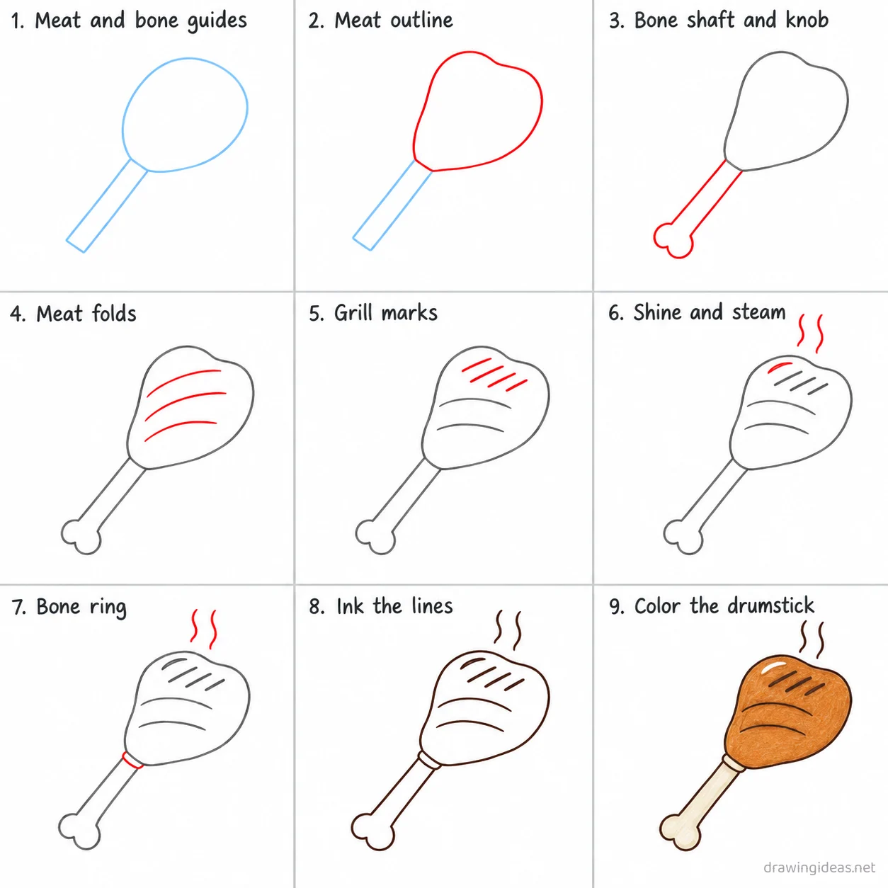 How to draw meat step by step — 9-step meat drawing tutorial sheet