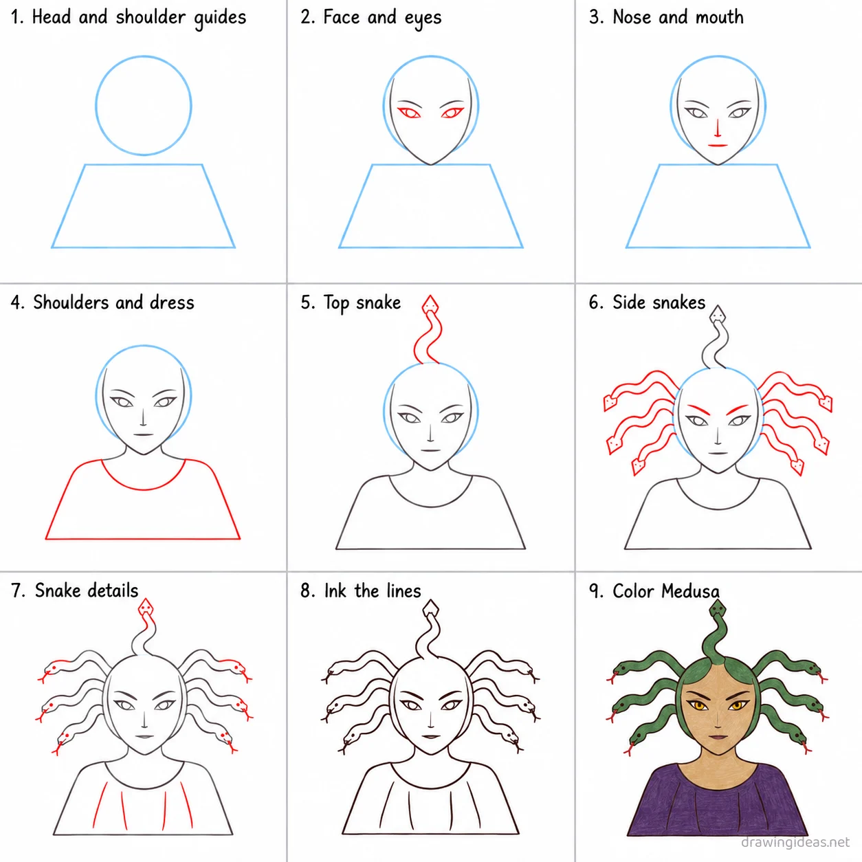 How to draw Medusa step by step — 9-step Medusa drawing tutorial sheet