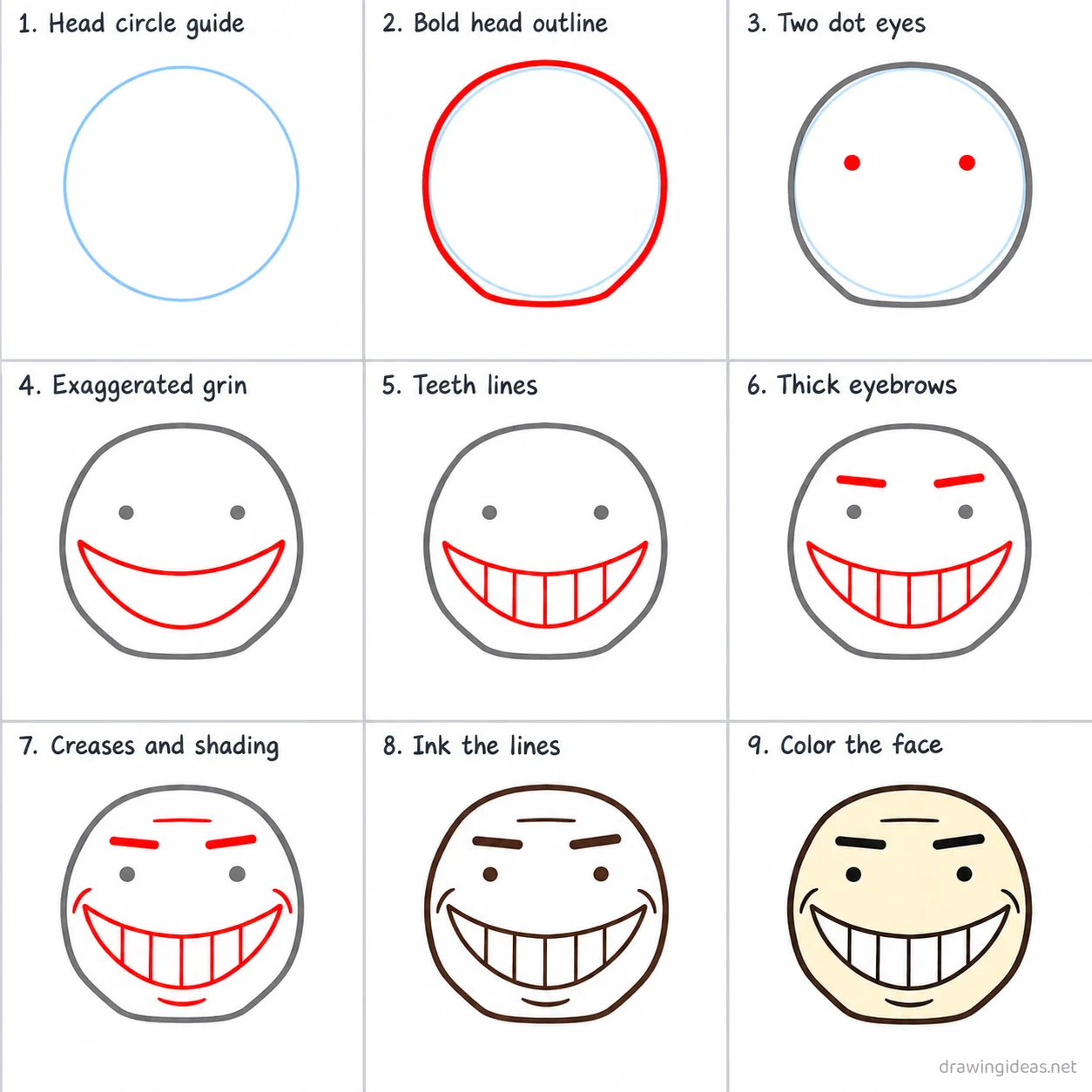 How to draw a meme step by step — 9-step meme drawing tutorial sheet