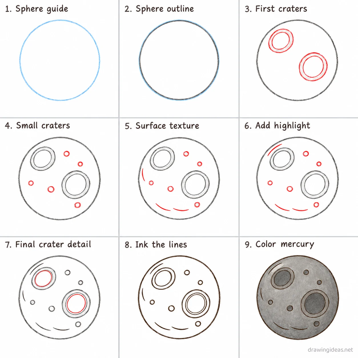 How to draw a mercury step by step — 9-step mercury drawing tutorial sheet