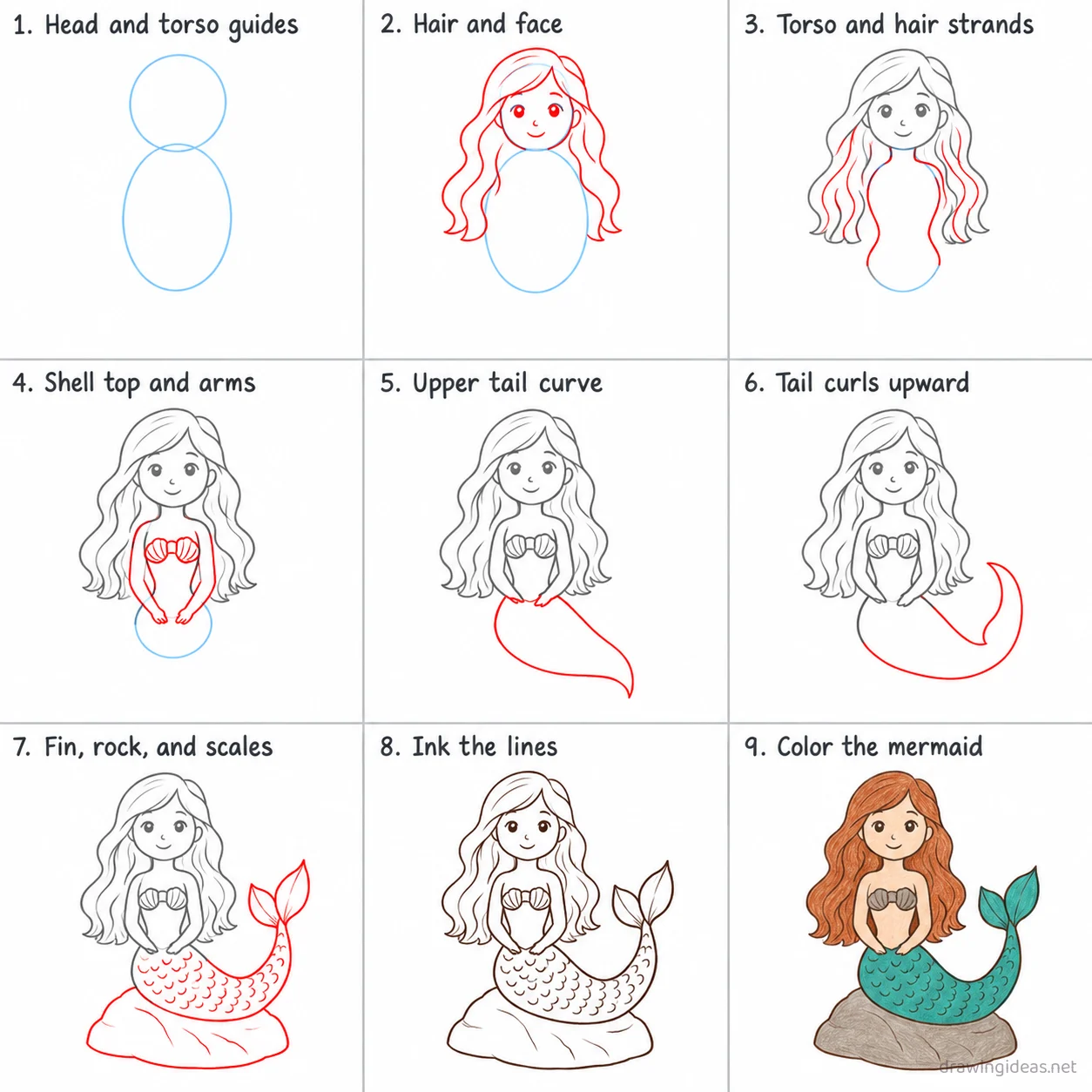 How to draw a mermaid step by step — 9-step mermaid drawing tutorial sheet
