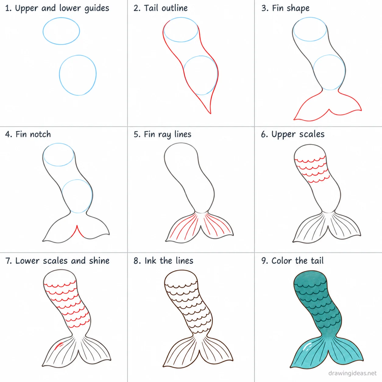 How to draw a mermaid tail step by step — 9-step mermaid tail drawing tutorial sheet