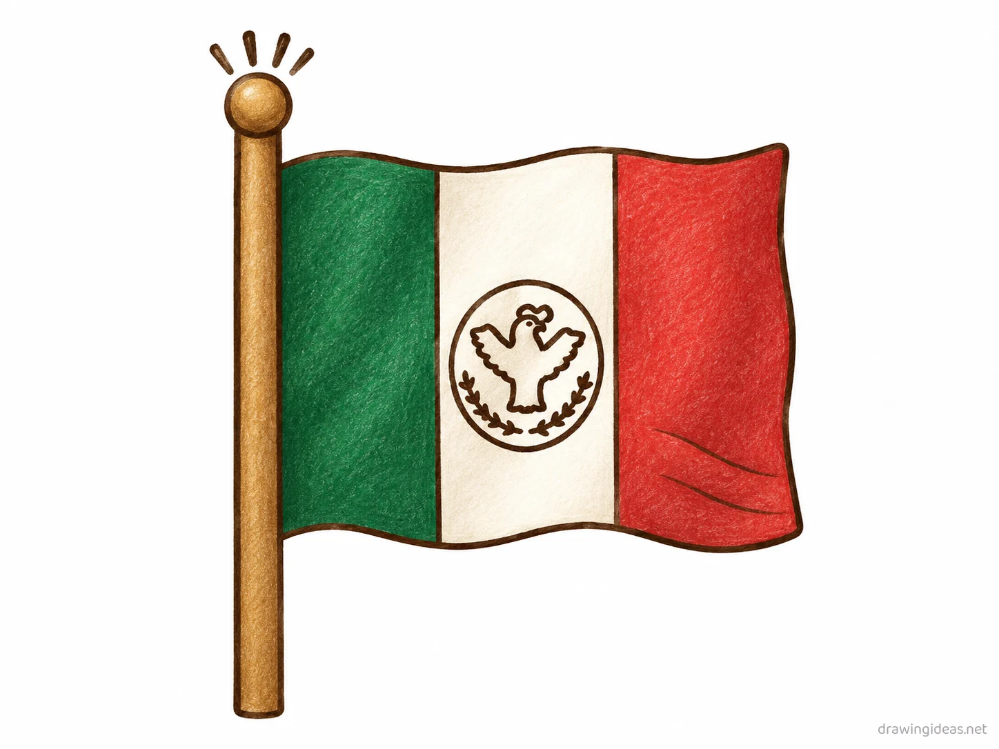 Mexican Flag drawing — hand-drawn Mexican Flag illustration with ink lines and soft colors
