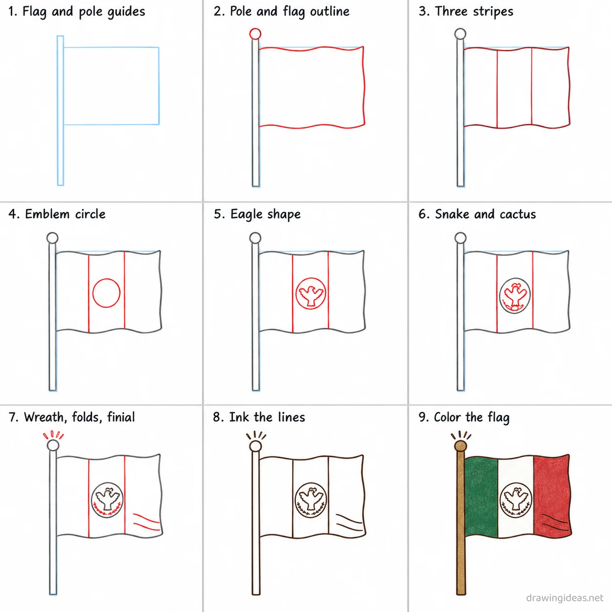 How to draw the Mexican Flag step by step — 9-step Mexican Flag drawing tutorial sheet