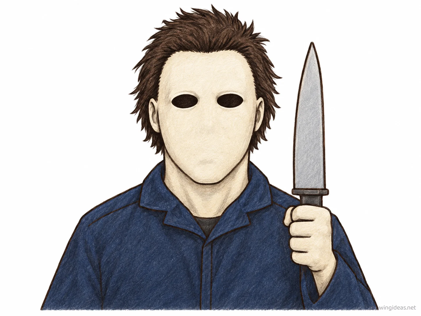 Michael Myers drawing — hand-drawn Michael Myers illustration with ink lines and soft colors