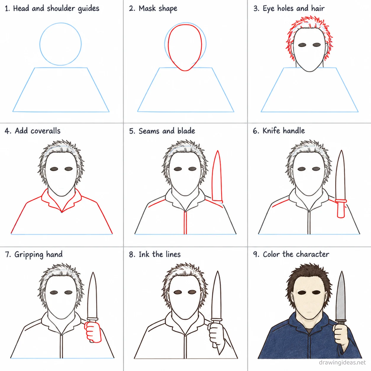 How to draw Michael Myers step by step — 9-step Michael Myers drawing tutorial sheet