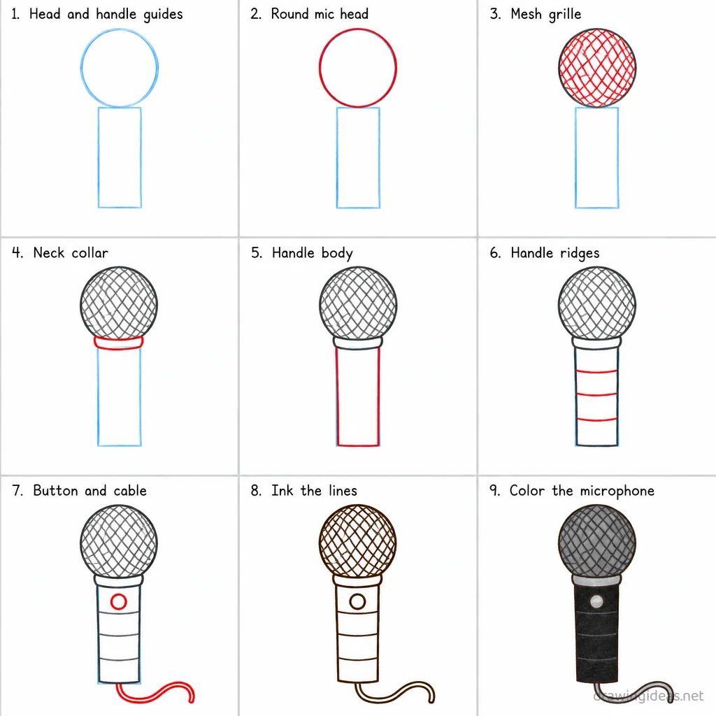 How to draw a microphone step by step — 9-step microphone drawing tutorial sheet