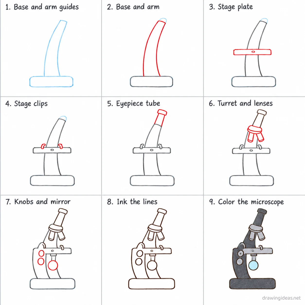How to draw a microscope step by step — 9-step microscope drawing tutorial sheet