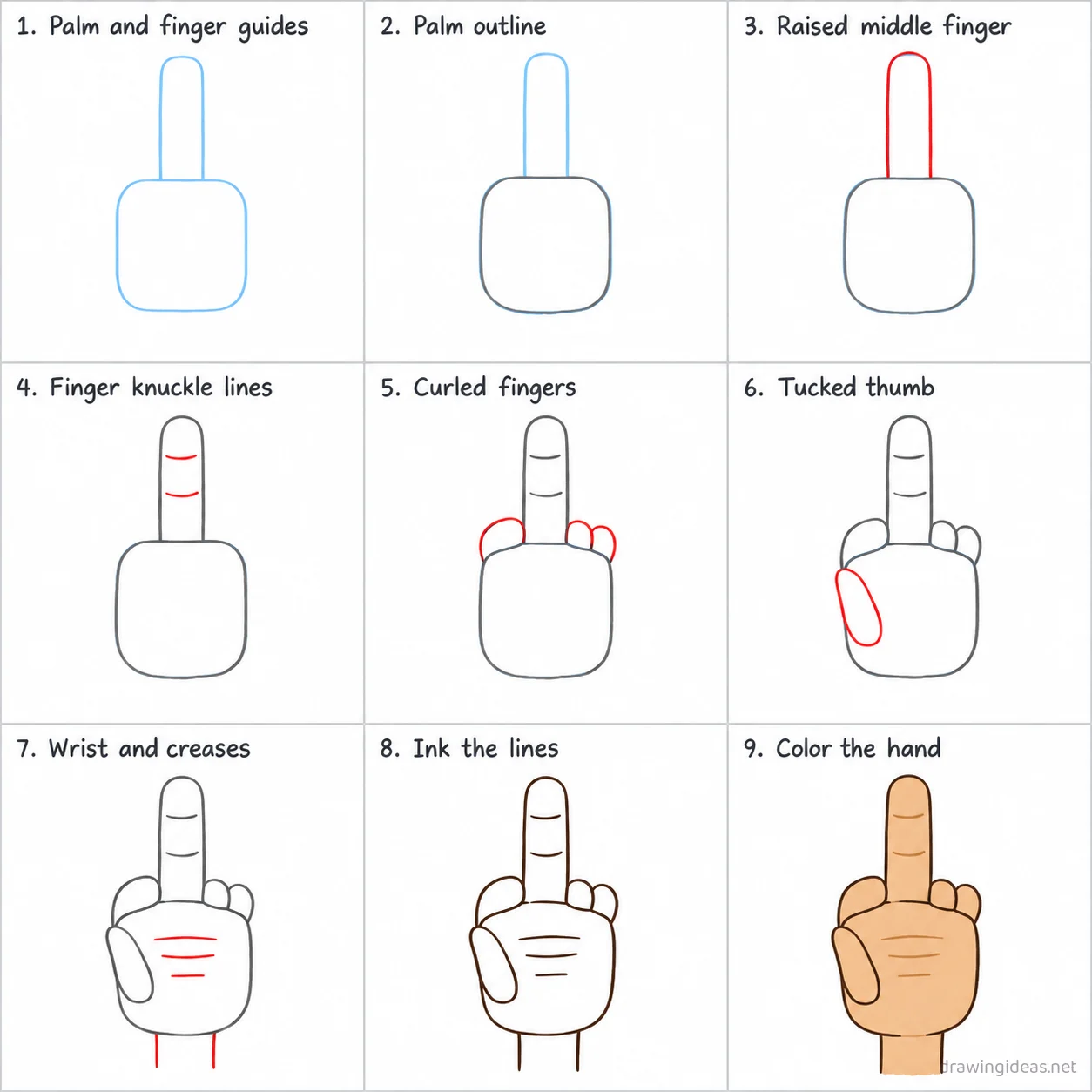 How to draw a middle finger step by step — 9-step middle finger drawing tutorial sheet