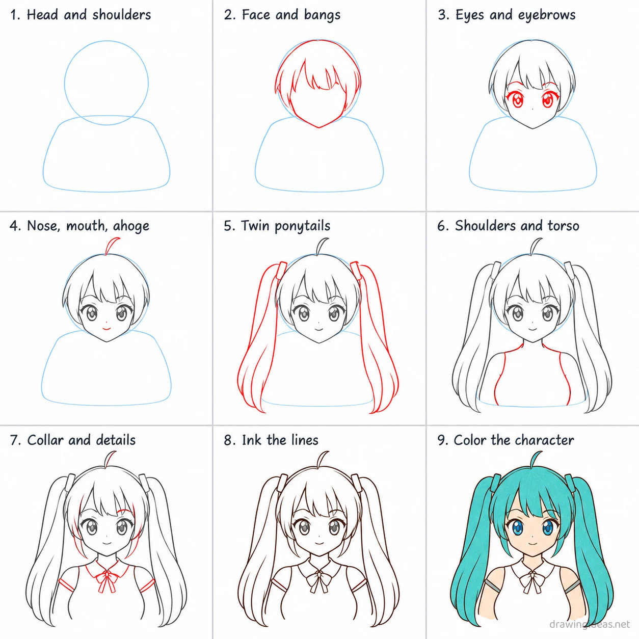 How to draw Miku step by step — 9-step Miku drawing tutorial sheet