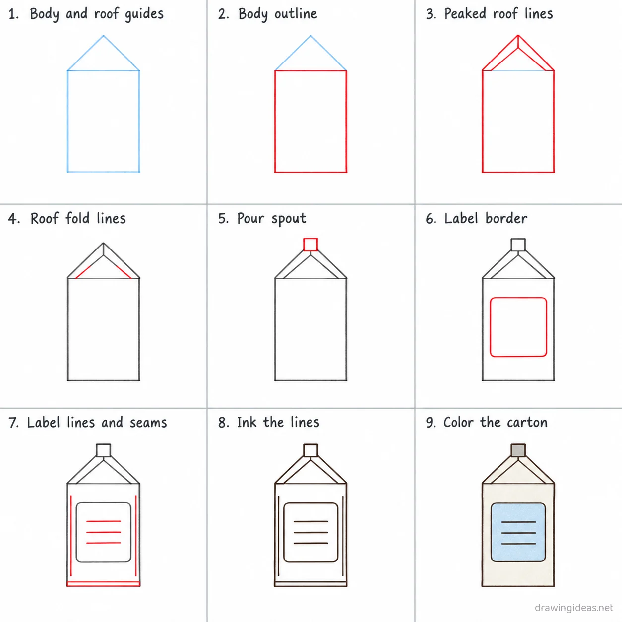 How to draw a milk carton step by step — 9-step milk carton drawing tutorial sheet