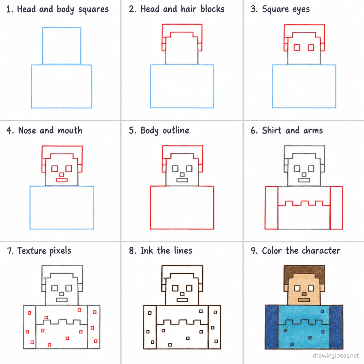 How to draw Minecraft step by step — 9-step Minecraft drawing tutorial sheet