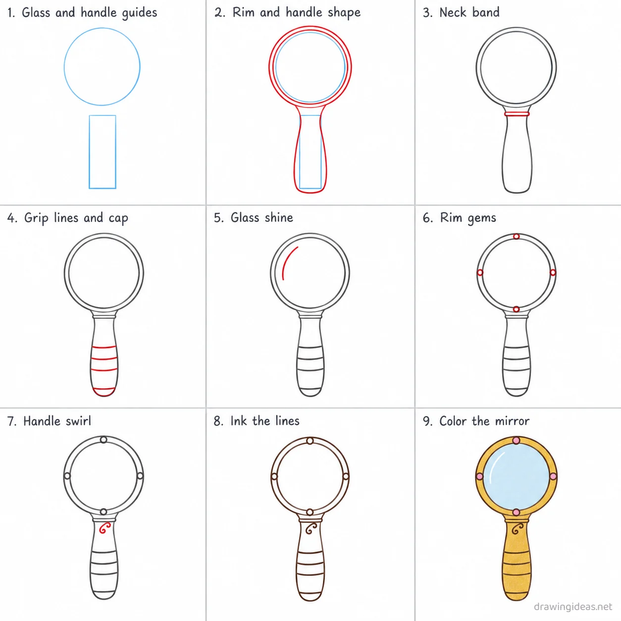 How to draw a mirror step by step — 9-step mirror drawing tutorial sheet