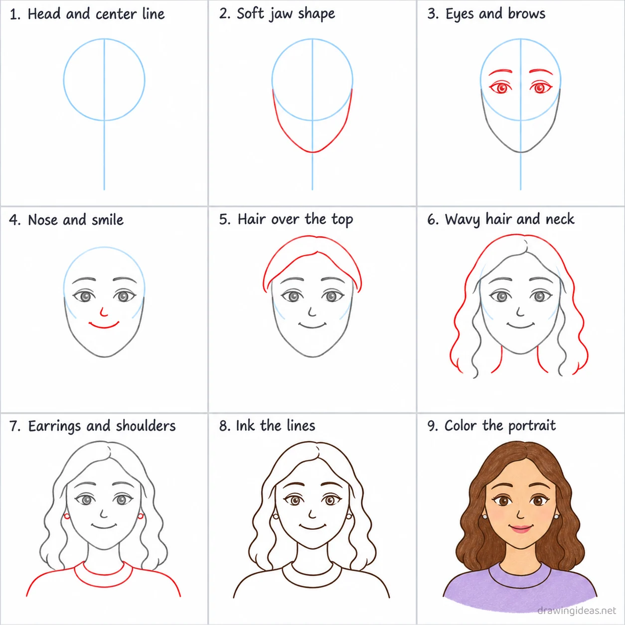 How to draw a mom step by step — 9-step mom drawing tutorial sheet