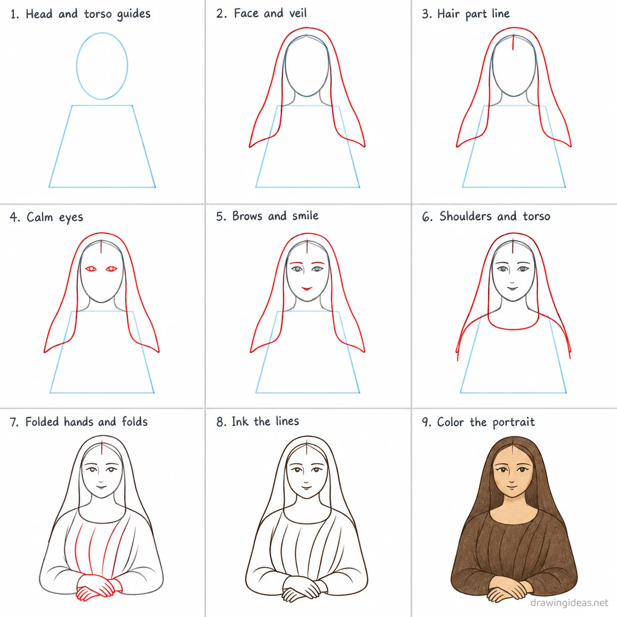How to draw the Mona Lisa step by step — 9-step Mona Lisa drawing tutorial sheet