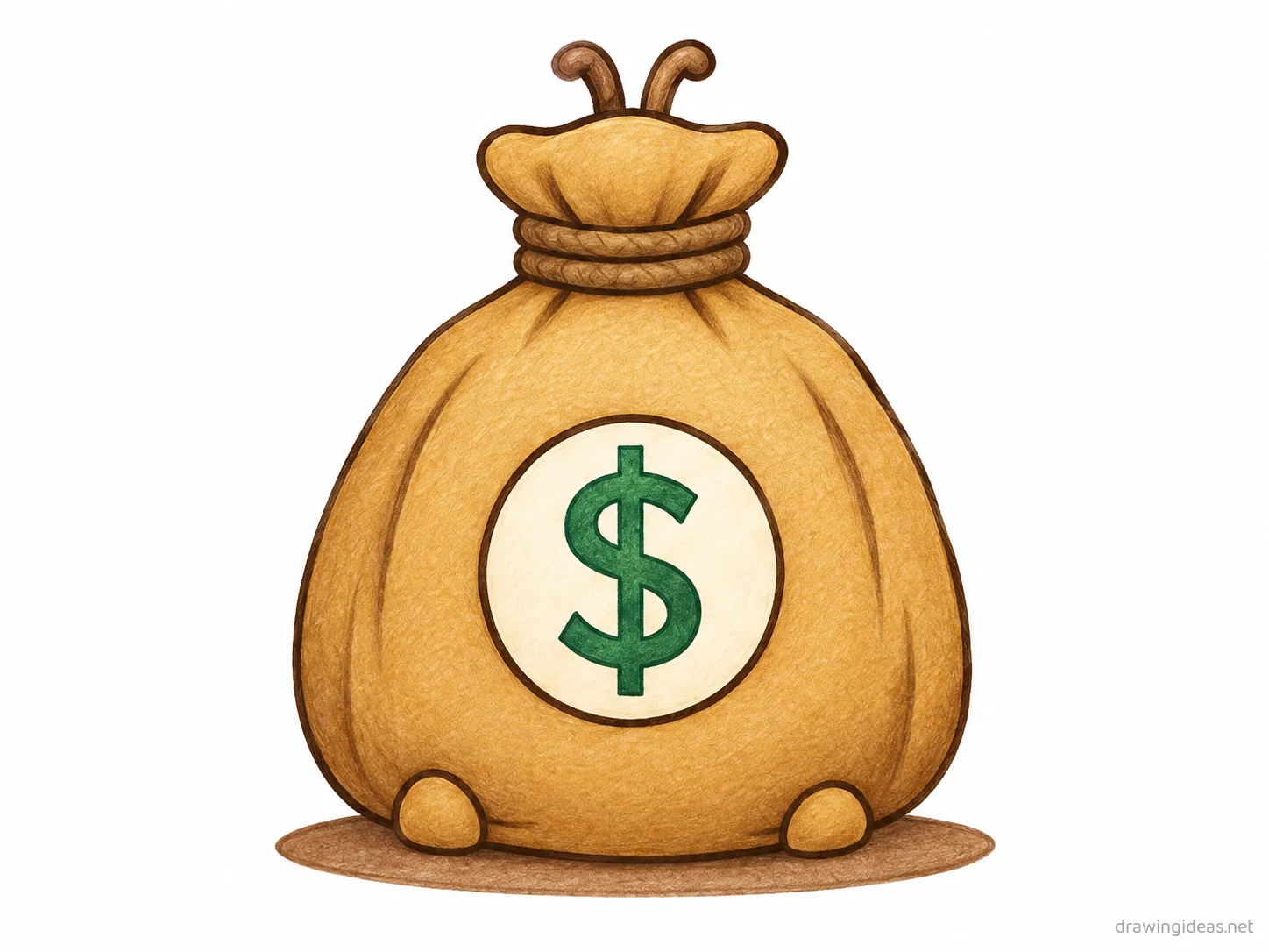 Money Bag drawing — hand-drawn money bag illustration with ink lines and soft colors