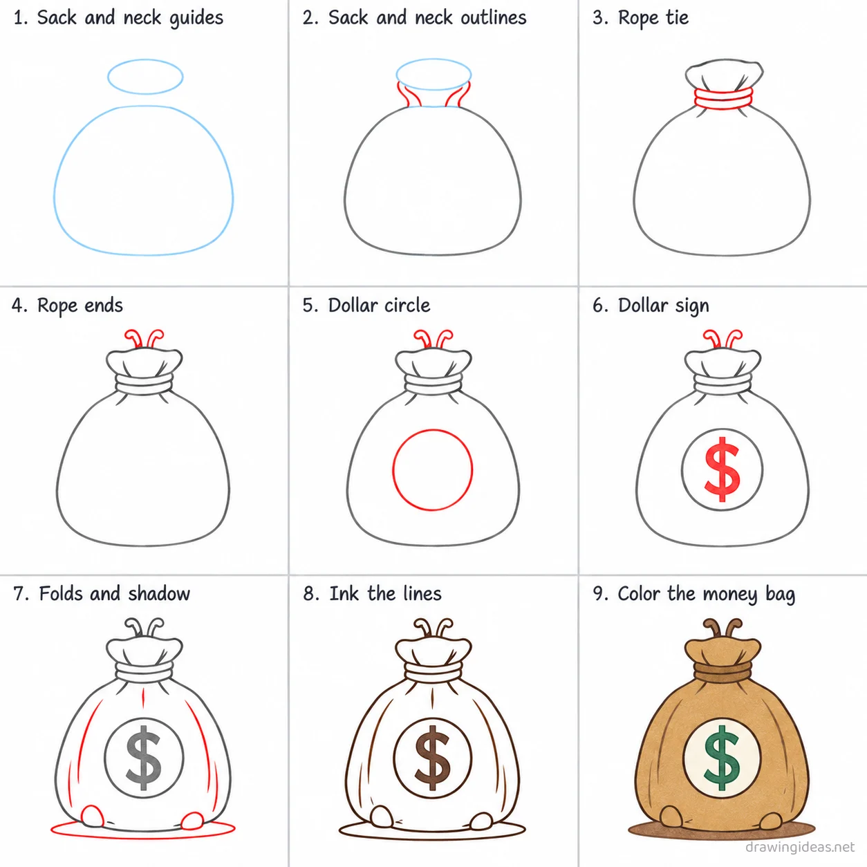 How to draw a money bag step by step — 9-step money bag drawing tutorial sheet