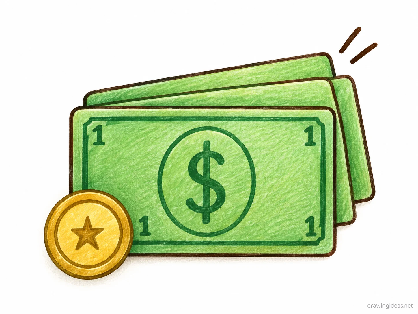 Money drawing — hand-drawn money illustration with ink lines and soft colors