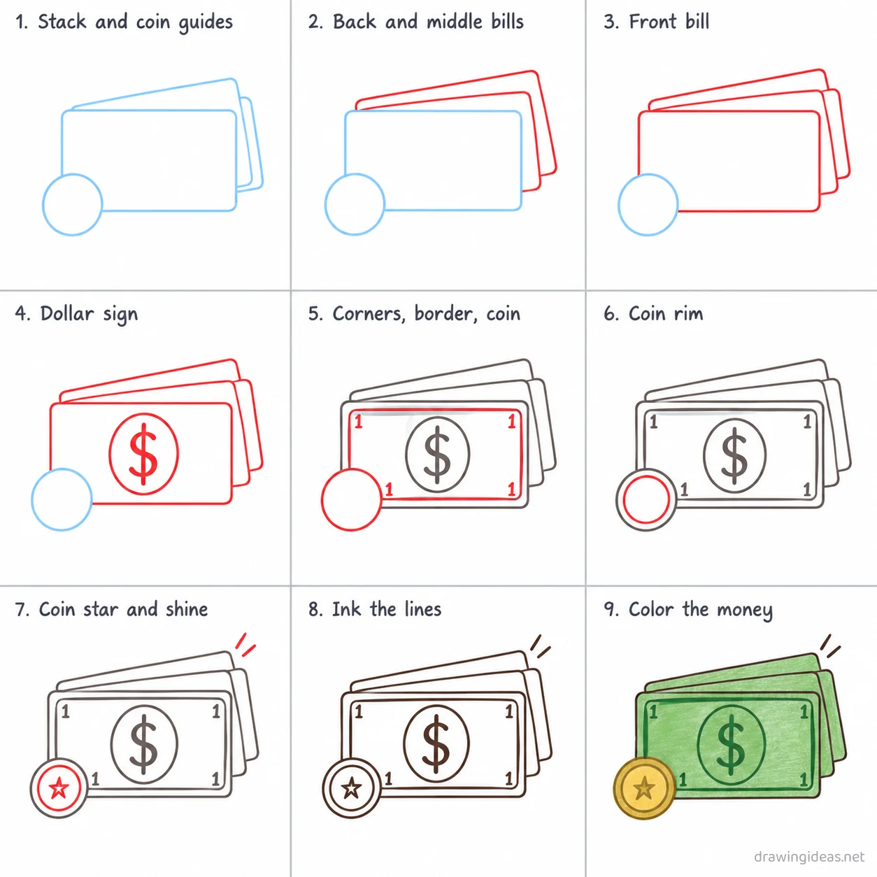 How to draw money step by step — 9-step money drawing tutorial sheet