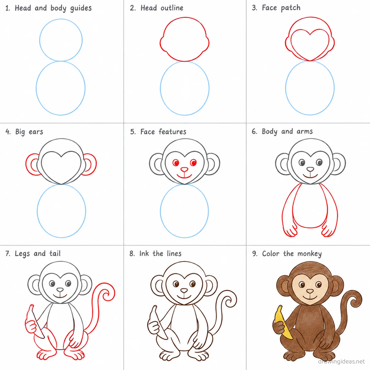 How to draw a monkey step by step — 9-step monkey drawing tutorial sheet