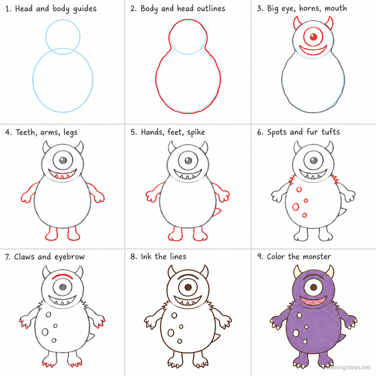 How to draw a monster step by step — 9-step monster drawing tutorial sheet