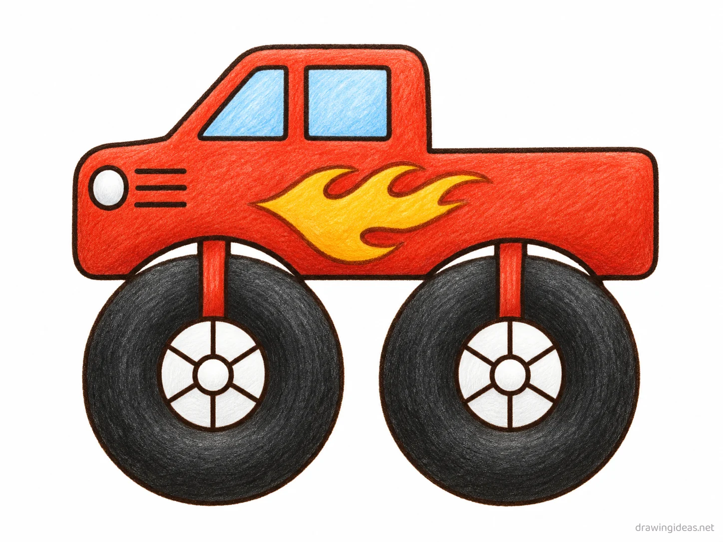 Monster Truck drawing ā hand-drawn monster truck illustration with ink lines and soft colors
