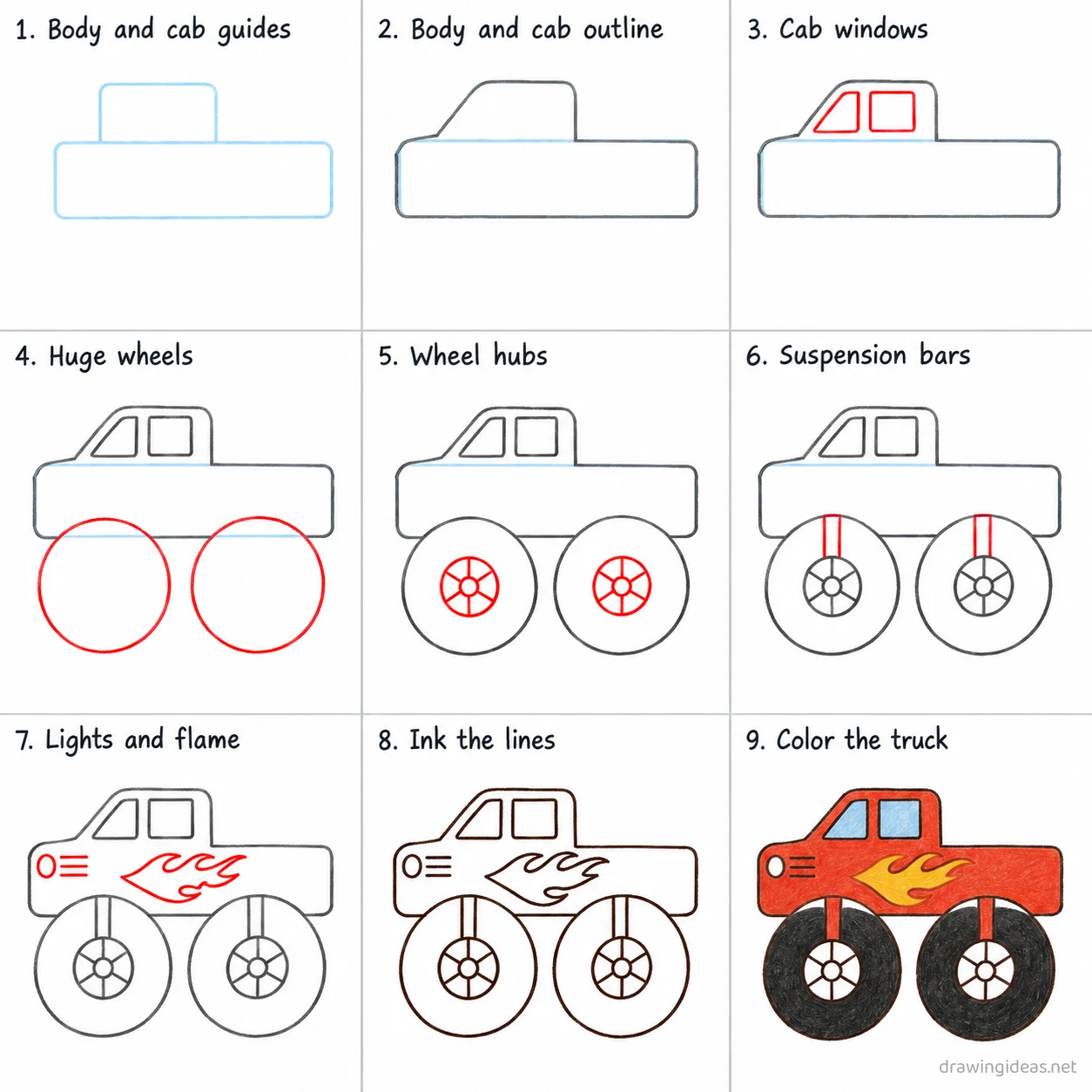 How to draw a monster truck step by step — 9-step monster truck drawing tutorial sheet