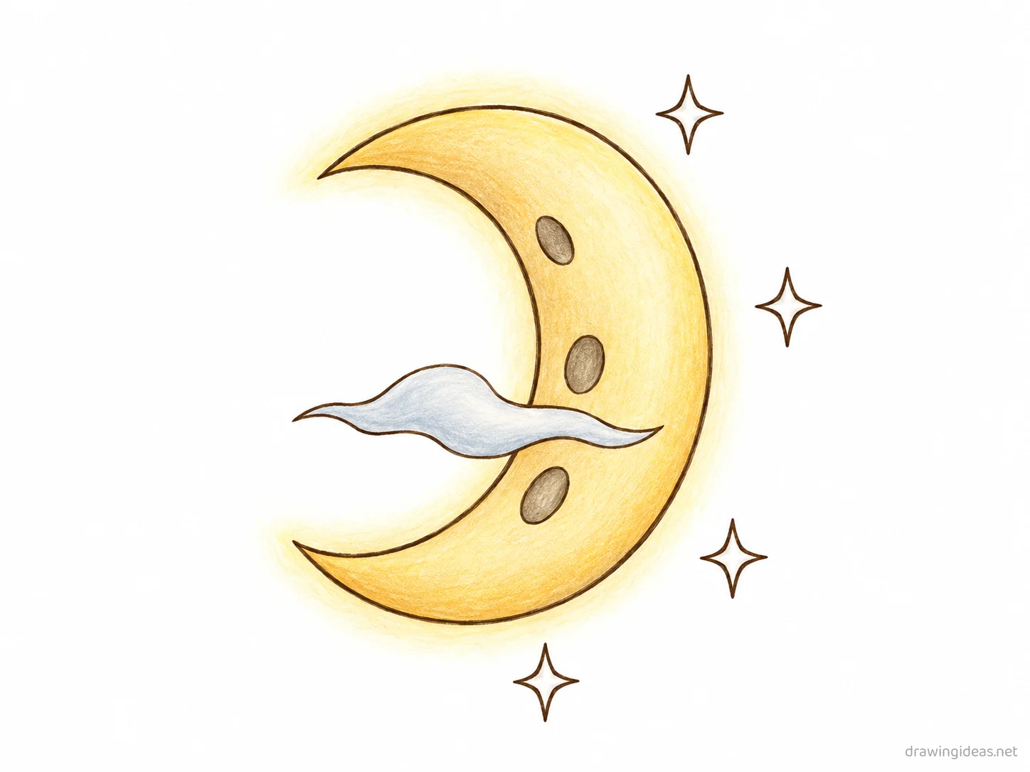 Moon drawing — hand-drawn moon illustration with ink lines and soft colors