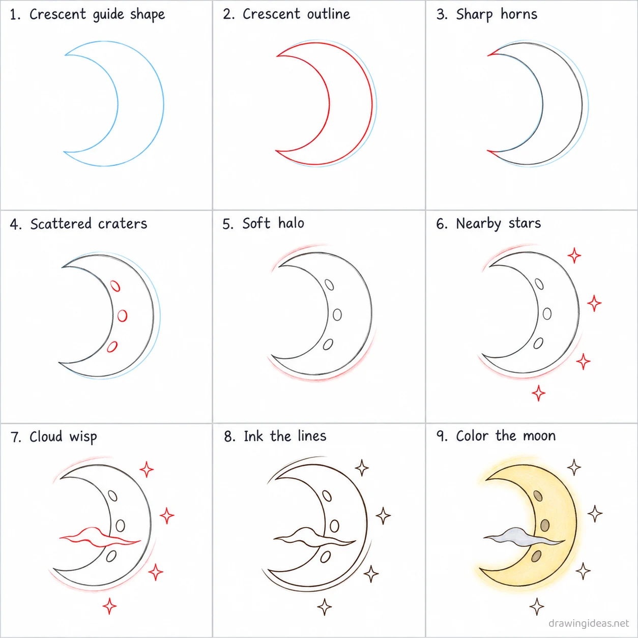 How to draw a moon step by step — 9-step moon drawing tutorial sheet