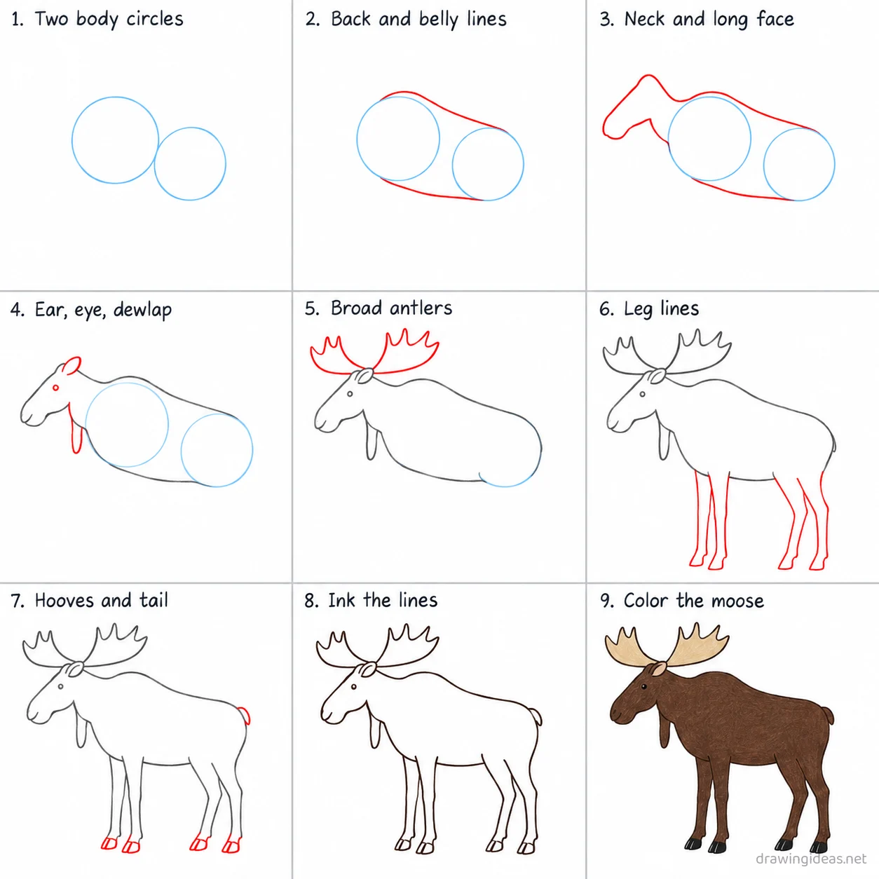 How to draw a moose step by step — 9-step moose drawing tutorial sheet